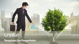  Presentation with green city - Colorful slide deck enhanced with seed leaves globe - businessman watering green tree backdrop and a  colored foreground