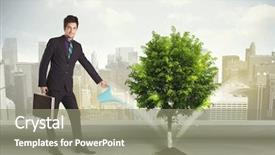  Presentation with green city - Amazing slide deck having seed leaves globe - businessman watering green tree backdrop and a  colored foreground