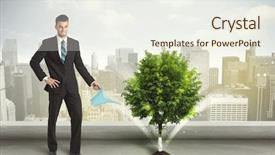  Presentation with green city - Audience pleasing presentation design consisting of seed leaves globe - businessman watering green tree backdrop and a  colored foreground
