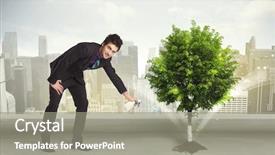  Presentation with green city - Presentation design having seed leaves globe - businessman watering green tree background and a  colored foreground