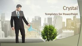  Presentation with green city - Slide deck with seed leaves globe - businessman watering green tree background and a sky blue colored foreground