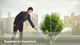  Presentation with green city - Colorful slide set enhanced with seed leaves globe - businessman watering green tree backdrop and a  colored foreground