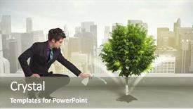  Presentation with green city - Slide deck with seed leaves globe - businessman watering green tree background and a gray colored foreground