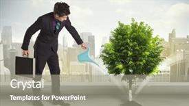  Presentation with green city - Slide deck enhanced with seed leaves globe - businessman watering green tree background and a gray colored foreground