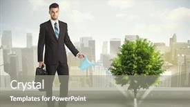  Presentation with green city - Presentation design consisting of seed leaves globe - businessman watering green tree background and a gray colored foreground