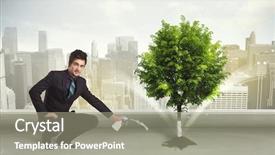  Presentation with green city - PPT theme featuring seed leaves globe - businessman watering green tree background and a gray colored foreground