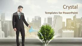  Presentation with green city - Slide deck with seed leaves globe - businessman watering green tree background and a sky blue colored foreground