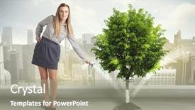  Presentation with green globe - Beautiful PPT theme featuring seed leaves globe - businesswoman watering green tree backdrop and a gray colored foreground