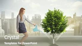  Presentation with green city - Presentation design with seed leaves globe - businesswoman watering green tree background and a gray colored foreground