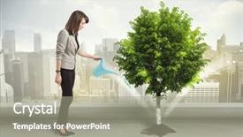  Presentation with green city - Amazing presentation theme having seed leaves globe - businesswoman watering green tree backdrop and a gray colored foreground