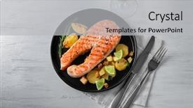  Presentation with table meal plan for osteotphorosis - Presentation theme with seed potato - plate with delicious salmon steak background and a light gray colored foreground