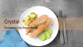  Presentation with salmon - Colorful presentation design enhanced with seed potato - plate with delicious salmon steak backdrop and a yellow colored foreground