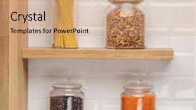  Presentation with glass - Slide set consisting of seed storage protein - glass jars on wooden kitchen background and a coral colored foreground