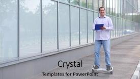  Presentation with man riding big bike motor - PPT layouts having segway - man with folder rides gyroscooter background and a light gray colored foreground