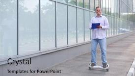 Presentation with man riding big bike motor - Beautiful PPT layouts featuring segway - man with folder rides gyroscooter backdrop and a light gray colored foreground