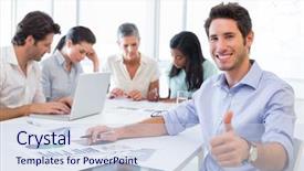  Presentation with camera - Slide deck with seleccion personal - attractive businessman smiling background and a sky blue colored foreground