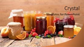  Presentation with jam - PPT theme enhanced with select - selection of jam on wood background and a coral colored foreground