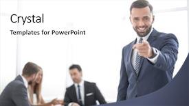  Presentation with choice - Cool new presentation theme with select choice men - smiling businessman standing backdrop and a white colored foreground