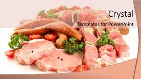  Presentation with raw meat dog - PPT theme consisting of selection chicken - assorted raw meats isolated background and a coral colored foreground