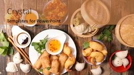  Presentation with dim sum - Beautiful slide deck featuring selection-of-asia-food-spring backdrop and a coral colored foreground