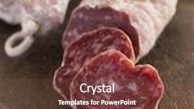  Presentation with sausages - Presentation theme featuring selection of french sausages on a cutting board background and a tawny brown colored foreground