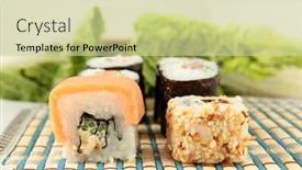  Presentation with sushi - Theme featuring selection of small rolled sushi background and a soft green colored foreground