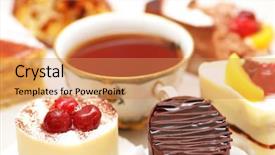  Presentation with tea cake - Slide set having selection of sweet cakes background and a coral colored foreground