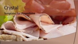  Presentation with meat - PPT theme consisting of big group of thinly sliced meat decorated with parsley and dill background and a red colored foreground