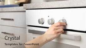  Presentation with electrical - Amazing slides having selector - young woman switching on modern backdrop and a coral colored foreground