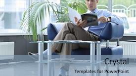  Presentation with waiting room furniture - Theme with self alone - businessman reading magazine in waiting background and a light blue colored foreground