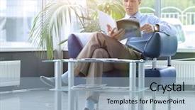  Presentation with waiting room furniture - Audience pleasing PPT theme consisting of self alone - businessman reading magazine in waiting backdrop and a light blue colored foreground