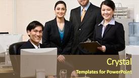  Presentation with office desk reception - Cool new presentation design with self assembly - confident co-workers gathered at desk backdrop and a tawny brown colored foreground