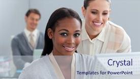  Presentation with office management - Amazing PPT theme having self-assured business partners working backdrop and a  colored foreground