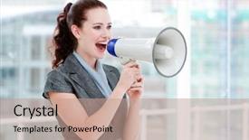  Presentation with yelling - Colorful PPT theme enhanced with self-assured businesswoman yelling backdrop and a coral colored foreground