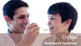  Presentation with self - Theme having self-assured doctor giving medicine to a little boy against a white background background and a coral colored foreground