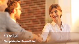  Presentation with handshake - Cool new slides with self bank - business woman greets the employee backdrop and a coral colored foreground