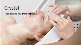  Presentation with treatment - Slide deck featuring self care - woman on cosmetics treatment background and a  colored foreground