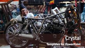  Presentation with bike engine - Slide deck having self centered - hipster guy working in custom-bike background and a wine colored foreground