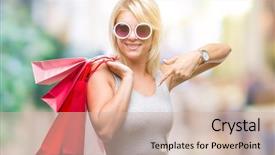  Presentation with woman pushing shopping trolley - Beautiful PPT theme featuring self centered - young beautiful blonde woman shopping backdrop and a  colored foreground