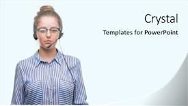  Presentation with call center - Beautiful presentation theme featuring self centered - young blonde call center operator backdrop and a cool aqua colored foreground