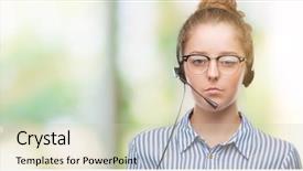  Presentation with call center performance reporting - Slides consisting of self centered - young blonde call center operator background and a  colored foreground