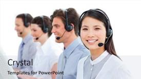 Presentation with people talking - Theme featuring young business people talking on headset in a call center background and a light blue colored foreground