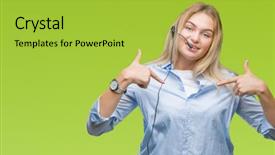  Presentation with call center - PPT layouts having self centered - young caucasian business woman wearing background and a yellow colored foreground