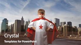  Presentation with super hero - Cool new presentation theme with self confidence - child in super hero costume backdrop and a tawny brown colored foreground