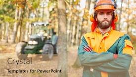 Presentation with self - Presentation theme having self-confident forest worker or forestry worker in protective clothing during forest work background and a coral colored foreground