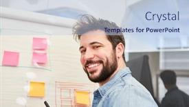  Presentation with sticky notes - Colorful slide deck enhanced with self-confident-founder-in-front backdrop and a light blue colored foreground