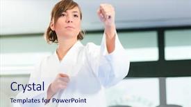  Presentation with self - Cool new slides with self defence - young woman in martial art backdrop and a sky blue colored foreground