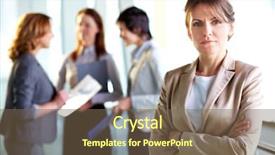  Presentation with five business people standing together and smiling - PPT theme consisting of self determination - portrait of a mature business background and a violet colored foreground