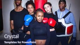  Presentation with young athletes box jumping - Cool new presentation theme with self determination - portrait of four young determined backdrop and a navy blue colored foreground
