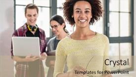  Presentation with employee motviation - Beautiful presentation featuring self determination - portrait of young cheerful employee backdrop and a mint green colored foreground